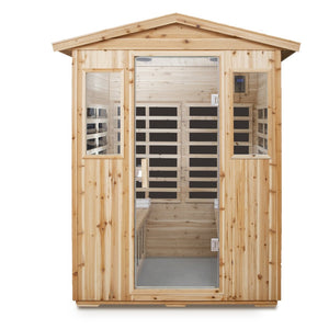 English Elm Four Person Old Fir Outdoor Infrared Sauna with Glass Door and Bluetooth Audio W632S00026