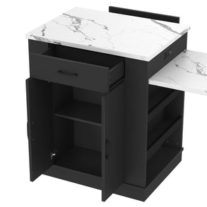 English Elm Extendable Kitchen Island Console with Open Shelving Drawers and Cabinet in Matte Black W1580S00274