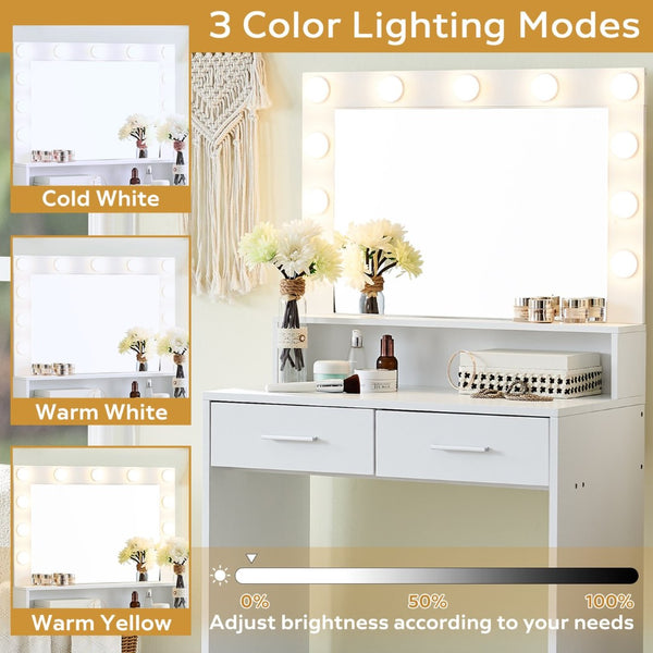 English Elm Vanity Desk With Hollywood Lighting, Ample Storage & Adjustable Brightness For Glamorous Makeovers W2386P239179-GIGA