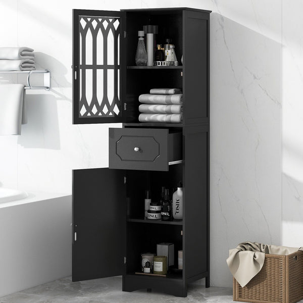English Elm Tall Bathroom Cabinet Slim Freestanding Storage with Drawer & Doors, Adjustable Shelves, MDF Build Black WF289427AAB