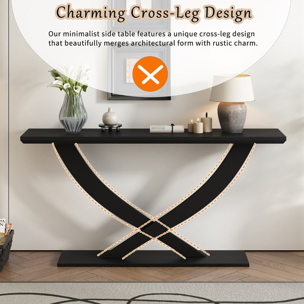 English Elm Mirod 57 Inch Acacia Veneer Console Table with Cross Leg Base for Entryway Black N760P214643B