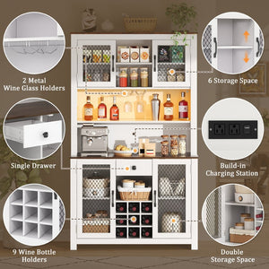 English Elm 70.9" Farmhouse Hutch Pantry with Led Lighting Wine Rack Mesh Doors and Built-in Power White CH361426AAK