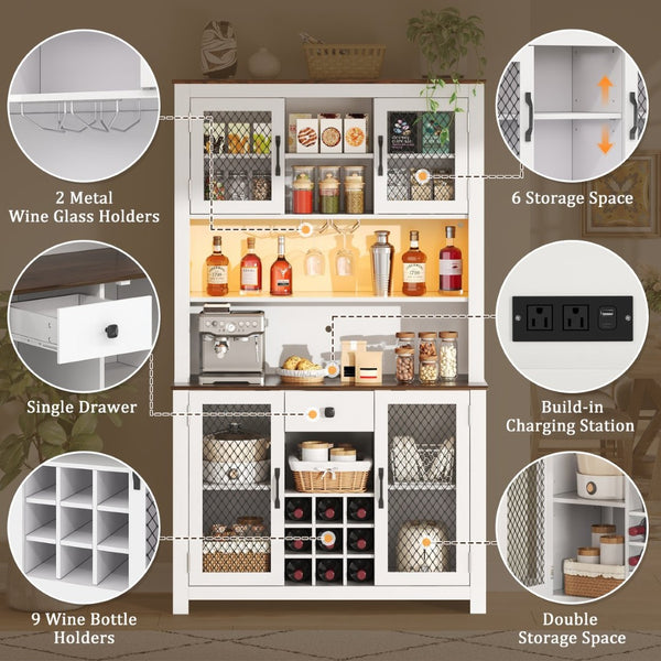 English Elm 70.9" Farmhouse Hutch Pantry with Led Lighting Wine Rack Mesh Doors and Built-in Power White CH361426AAK
