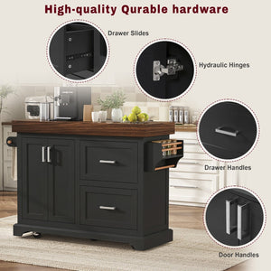 English Elm K&k Rolling Kitchen Island with Walnut Grain Countertop Drawers and Spice Rack Black N707S000025B