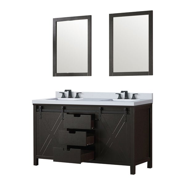 English Elm Brown Double Bath Vanity Set With White Quartz Countertop, Matte Black Faucet & 24" Mirrors Included B2731S01071