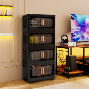 English Elm Black,20" Versatile Folding Storage Cabinet With 4 Tiers, Magnetic Door, Wheels & Space-Saving Design W2873P239384