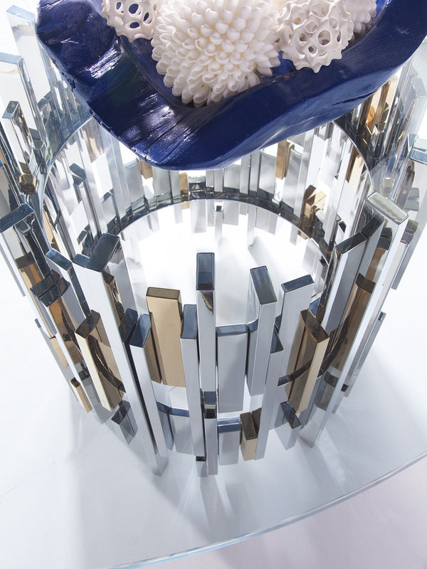 Lexington Artistica Home Cityscape Round Dining Table - Stunning Glass Top With Unique Stainless Steel And Brass Design Stainless Steel Wood 2041-870-60c