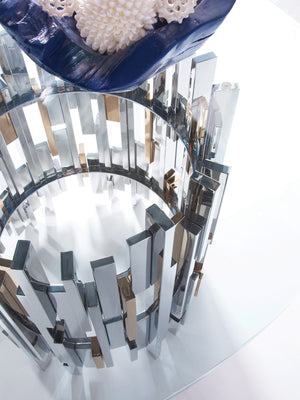 Lexington Artistica Home Cityscape Round Dining Table - Stunning Glass Top With Unique Stainless Steel And Brass Design Stainless Steel Wood 2041-870-60c