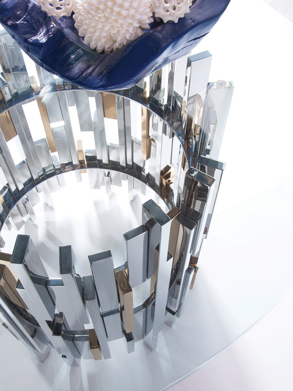 Lexington Artistica Home Cityscape Round Dining Table - Stunning Glass Top With Unique Stainless Steel And Brass Design Stainless Steel Wood 2041-870-60c