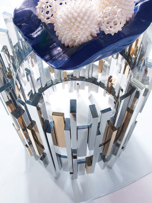 Lexington Artistica Home Cityscape Round Dining Table - Stunning Glass Top With Unique Stainless Steel And Brass Design Stainless Steel Wood 2041-870-60c