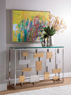 Lexington Artistica Home Cityscape Console Table - Stunning Stainless Steel & Brass Design With Glass Top For Modern Elegance Stainless Steel Wood 2041-966c