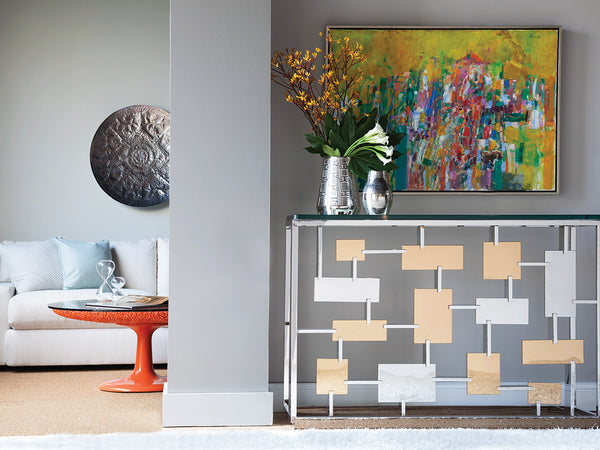 Lexington Artistica Home Cityscape Console Table - Stunning Stainless Steel & Brass Design With Glass Top For Modern Elegance Stainless Steel Wood 2041-966c