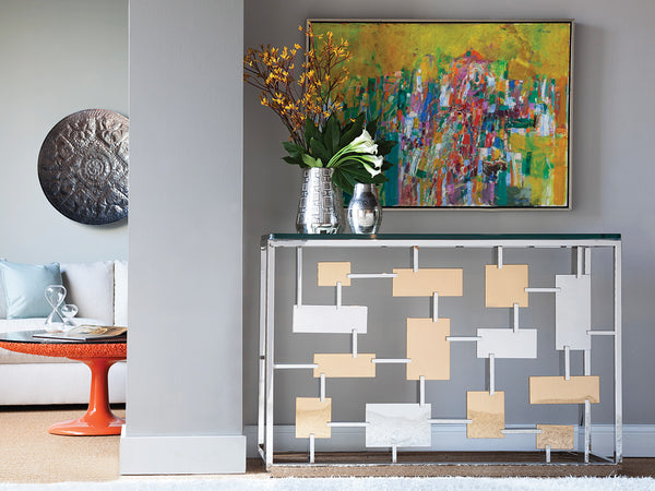 Lexington Artistica Home Cityscape Console Table - Stunning Stainless Steel & Brass Design With Glass Top For Modern Elegance Stainless Steel Wood 2041-966c