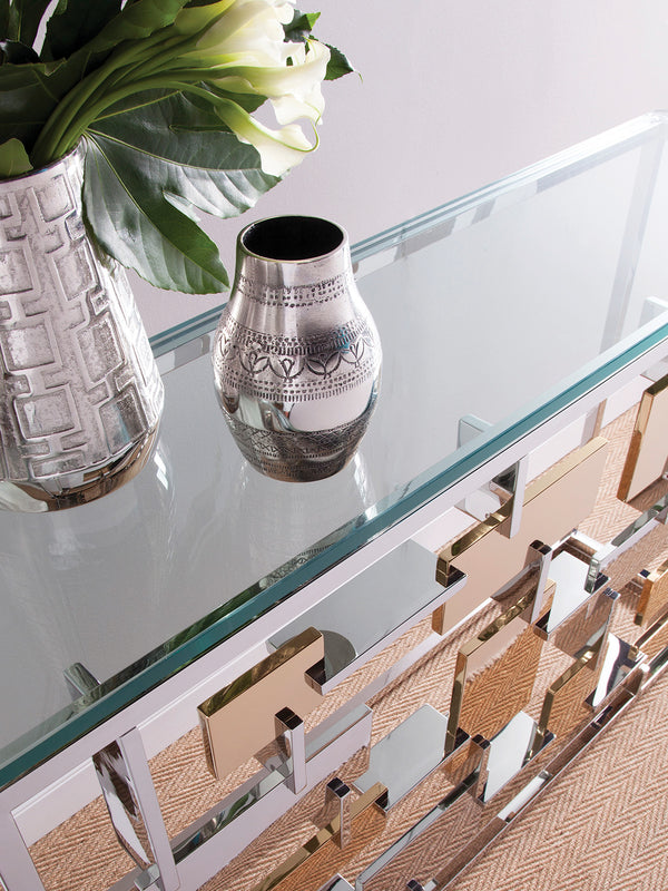 Lexington Artistica Home Cityscape Console Table - Stunning Stainless Steel & Brass Design With Glass Top For Modern Elegance Stainless Steel Wood 2041-966c