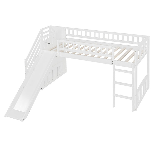 English Elm Stairway Twin Loft Bed with Storage Staircase Slide and Guardrails for Kids White LT000515AAK-1