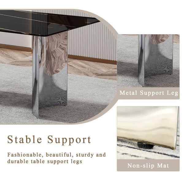 English Elm Table Set With 8 Modern White Pu Chairs - Sleek Imitation Marble Top & Durable Stainless Steel Legs W1151S04189-GIGA