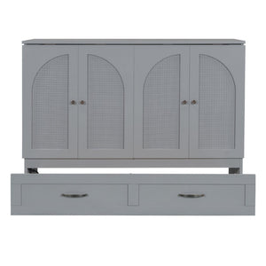 English Elm Full Size Murphy Bed Rattan Cabinet with Storage Drawers and Gold Hardware Gray N708S00009E