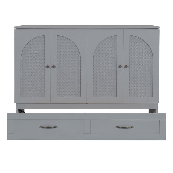 English Elm Full Size Murphy Bed Rattan Cabinet with Storage Drawers and Gold Hardware Gray N708S00009E
