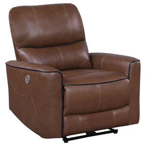English Elm Denson Saddle Brown Power Recliner Chair with Leatherette Upholstery, Button Control, Plush Springs B062P353263