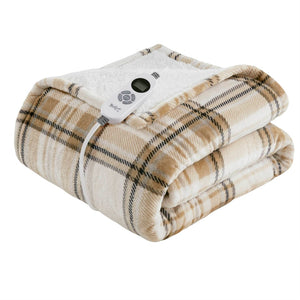 English Elm 1-piece Aztec Heated Throw with 12 Settings Auto Shutoff Soft Ivory Boho Blanket Tan Plaid B035P408330