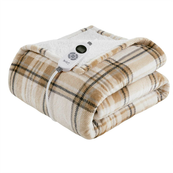 English Elm 1-piece Aztec Heated Throw with 12 Settings Auto Shutoff Soft Ivory Boho Blanket Tan Plaid B035P408330