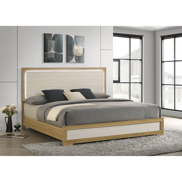 English Elm Pierce Eastern King Panel Bed with Led Lighting and Gloss Diamond Embossed Headboard B062S01563