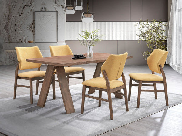 English Elm Sarha Mid-Century 5-Piece Walnut Dining Set with Yellow Linen Chairs, Solid Wood Frame, Retro Chic B2726S00555