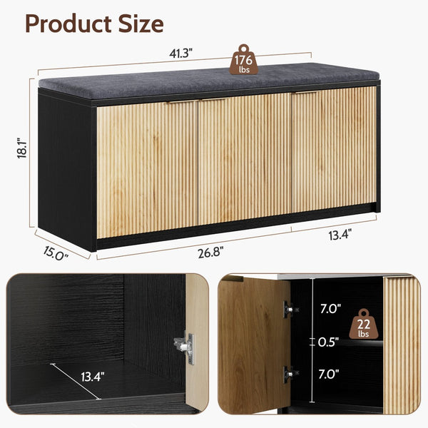 English Elm Vividwood Entryway Storage Bench Slatted Doors Padded Seat Modern Farmhouse Style T5618P505963