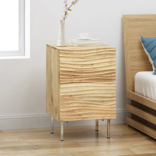 English Elm Christopher Knight Home® - BEDSIDE Mango Wood 1 Door Nightstand with Wave Door, Iron Legs, Handcrafted Modern Storage 18"W 66704.00