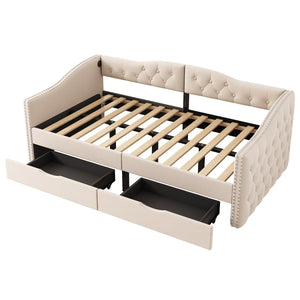 English Elm Upholstered Twin Daybed with Linen Tufted Back Nailhead Arms and Storage Drawers W1670P391274