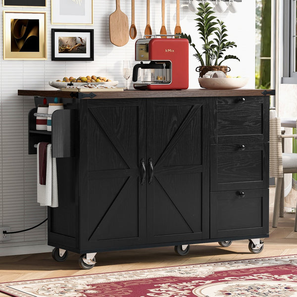 English Elm K&K 54.5" Farmhouse Kitchen Island with Drop Leaf, Built-In Power Station, Rolling Storage Cart Black N707P170349B