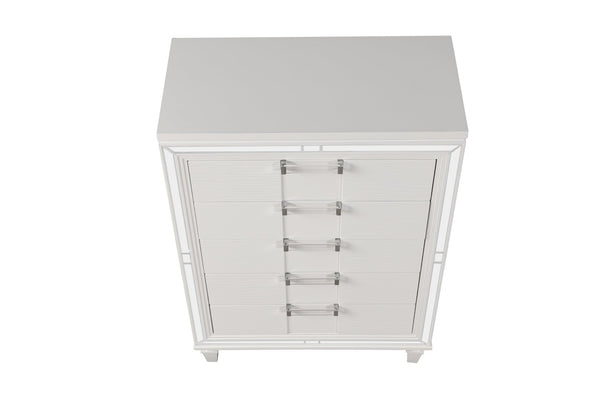 English Elm Genoa Five Drawer Chest Art Deco White Lacquer Mirror Trim Chrome Bedroom Storage B078P497936