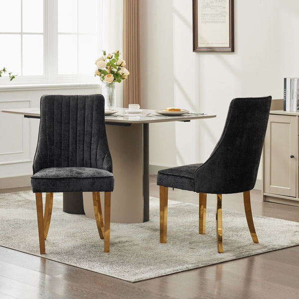 English Elm Rayon High Back Dining Chair Set with Plush Flocking Upholstery, Golden Stainless Legs, Comfort-Focused Design Black W1143P293315