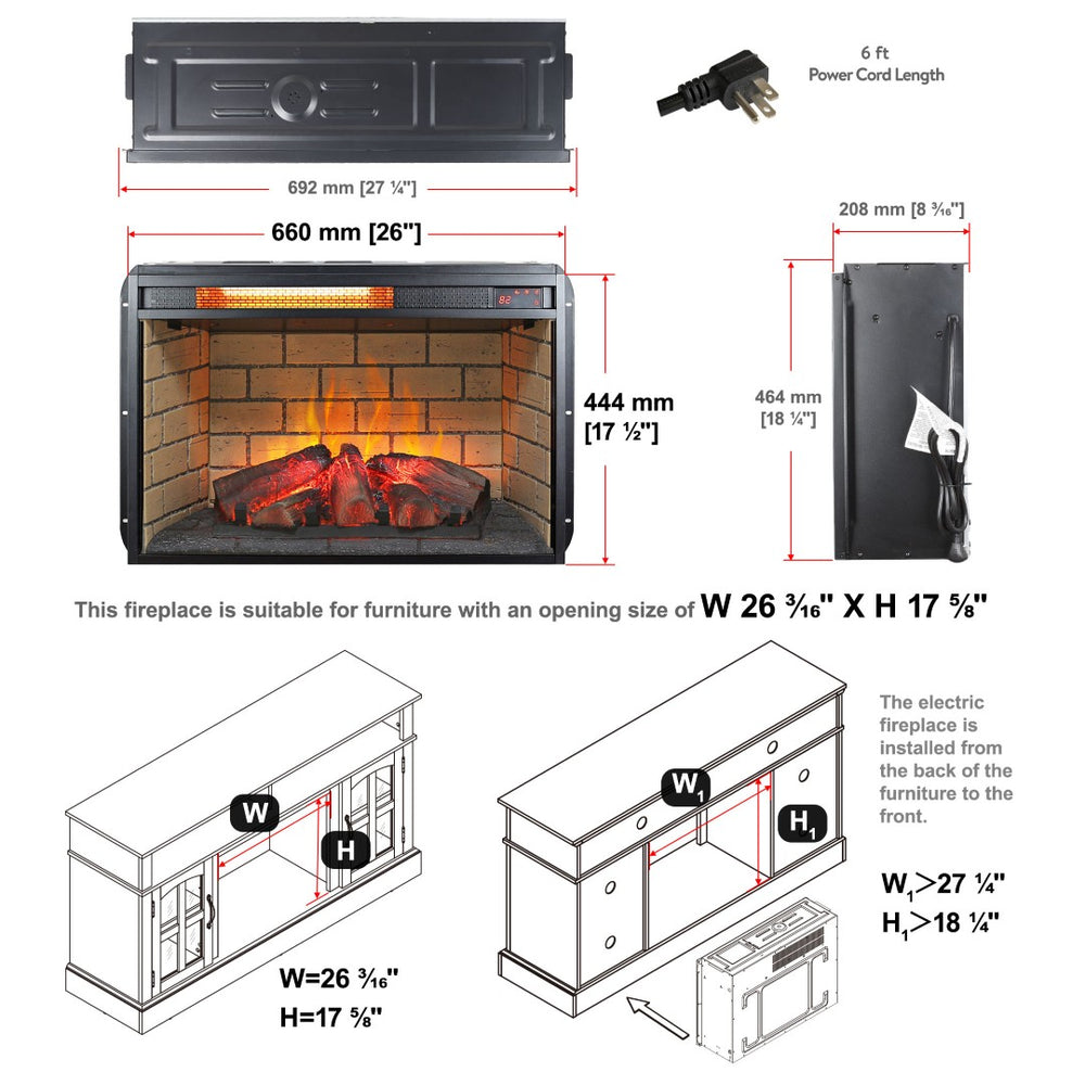 English Elm 26 Inch Infrared Quartz Fireplace Insert with Resin Log Bed and Brick Surround W1769121295
