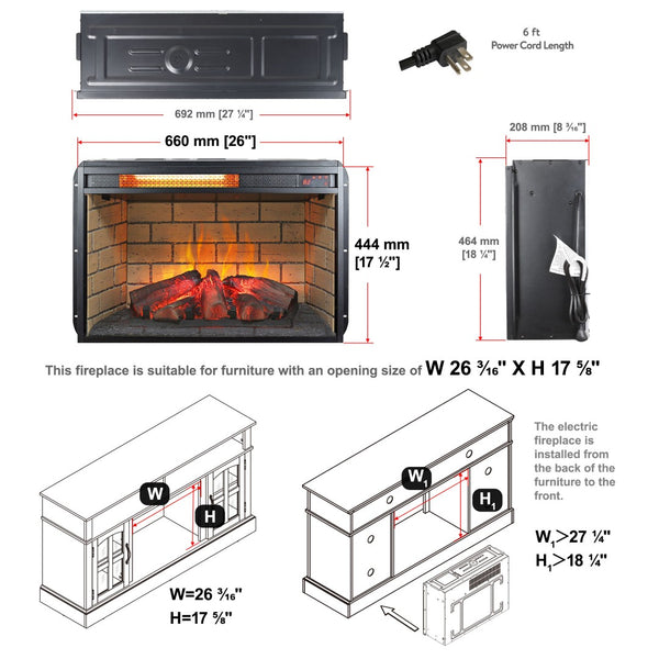 English Elm 26 Inch Infrared Quartz Fireplace Insert with Resin Log Bed and Brick Surround W1769121295