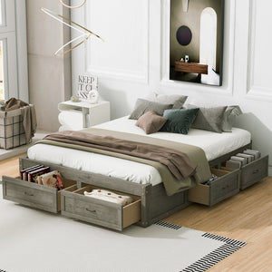 English Elm Queen Platform Bed with Six Storage Drawers Low Profile Frame for Modern Bedrooms Antique Gray N708P263022E