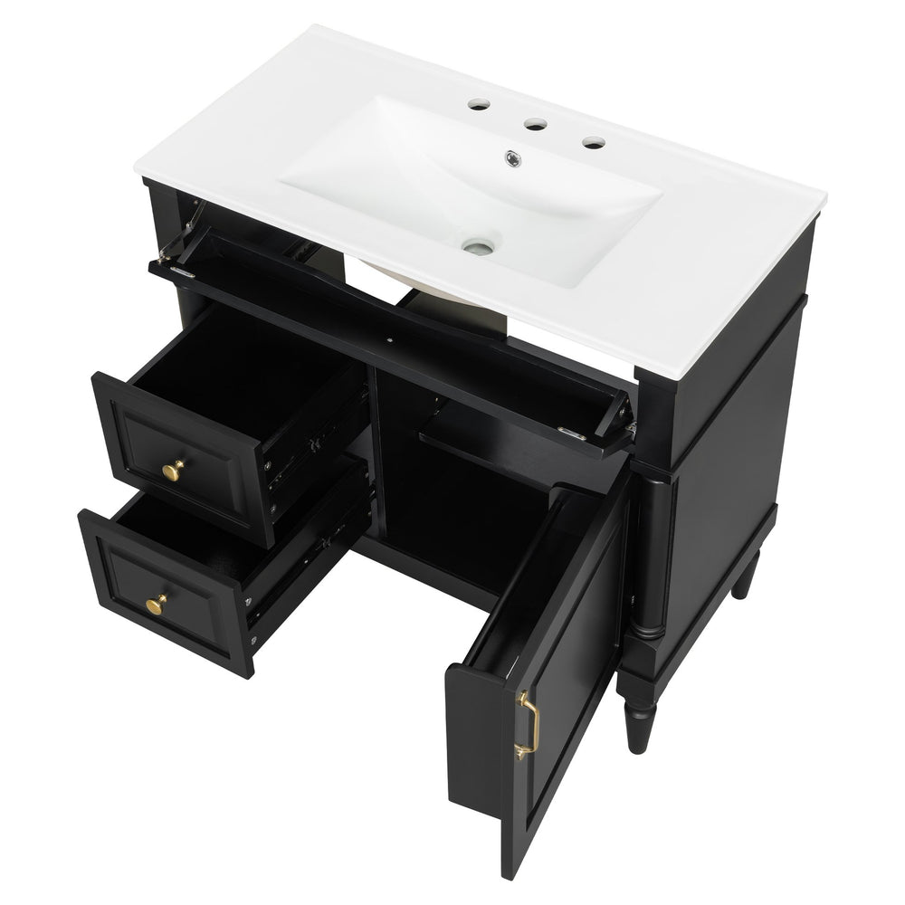 English Elm 36" Bathroom Vanity With Elegant Ceramic Sink, Adjustable Storage, And Sleek Black Finish For Modern Style N725P356064B