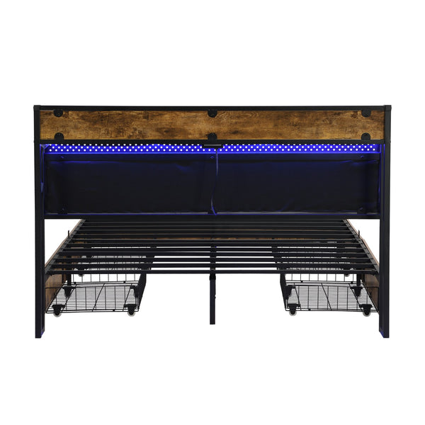 English Elm King Storage Bed Frame with USB Outlets, RGB LED Headboard, 4 Rolling Drawers & Metal Slats, Black Brown Gray W2297P291441