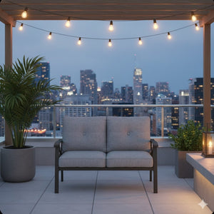 English Elm 48" Outdoor Steel Loveseat with Gray Cushions Powder Coated Matte Black Patio Seating B082P455146