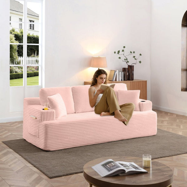 English Elm 86.2''boneless Floor Sofa Ribbed Corduroy 3 Seater with Cup Holders and Side Pockets Pink W1117P421194