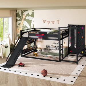 English Elm Twin Metal Loft Bed with Slide Basketball Hoop Climbing Wall and Built-in Shelves W1580S00343