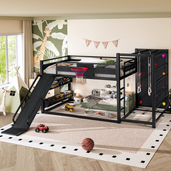 English Elm Twin Metal Loft Bed with Slide Basketball Hoop Climbing Wall and Built-in Shelves W1580S00343
