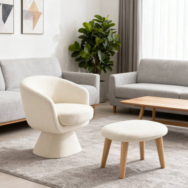 English Elm Lazy Swivel Barrel Chair and Ottoman Set Upholstered Modern Reading Nook Accent Beige+White W2085P381032