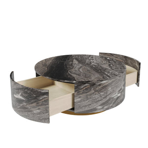 English Elm Tavola Round Coffee Table with Marble Pattern Top and Metal Legs, Two Drawers for Stylish Storage Brown B341P321163