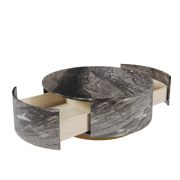 English Elm Tavola Round Coffee Table with Marble Pattern Top and Metal Legs, Two Drawers for Stylish Storage Brown B341P321163