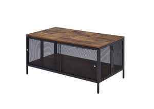 English Elm Winam Antique Oak Coffee Table with Black Metal Mesh Base, Foldable Top & 4 Sliding Doors Storage B2726P270994