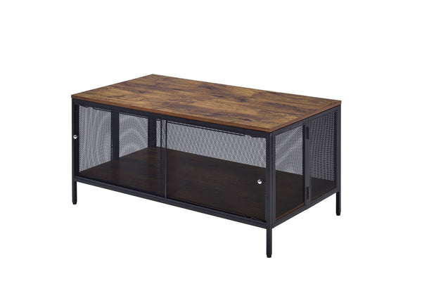 English Elm Winam Antique Oak Coffee Table with Black Metal Mesh Base, Foldable Top & 4 Sliding Doors Storage B2726P270994