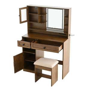 English Elm Farmhouse Makeup Vanity Desk with Lighted Mirror, Built-In Charging Station, Ample Storage and Stool Rustic Brown N844P291652W