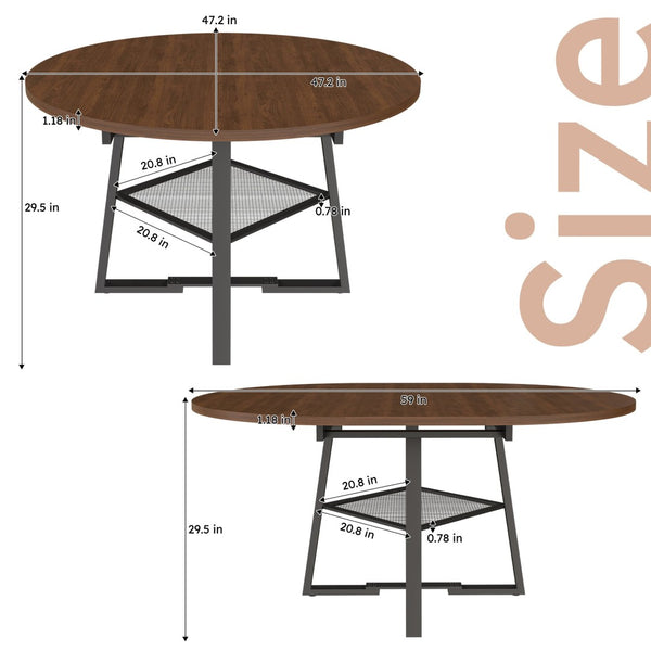 English Elm 47 Inch Extendable Round Dining Table Walnut Finish Seats 8 with Wire Grid Shelf W2700P385520