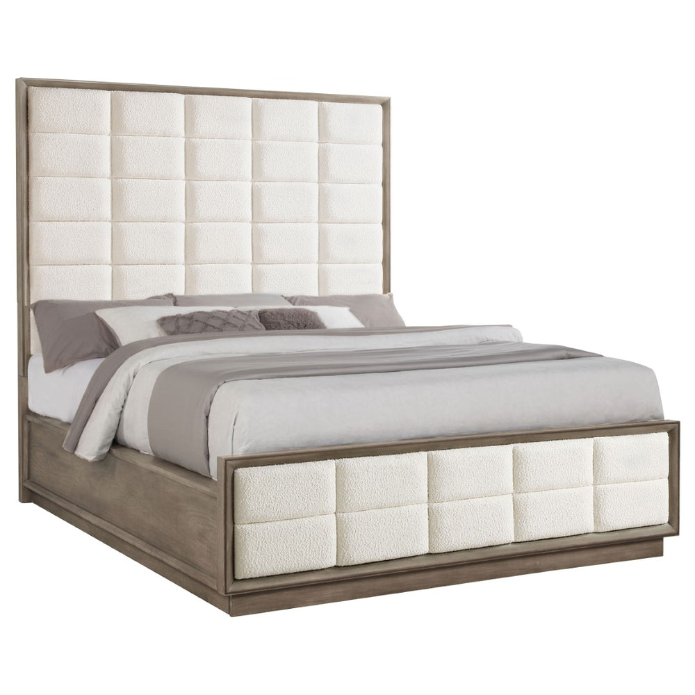 English Elm Prescott Upholstered California King Bed Tall Grid Tufted Headboard Taupe Oak Frame B062S01783